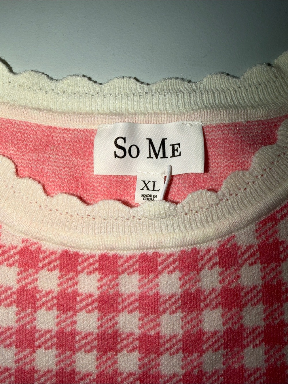 SO ME XL White Ivory Pink Gingham Knit Ruffle Trim Short Sleeve Sweater Top - Picture 11 of 13